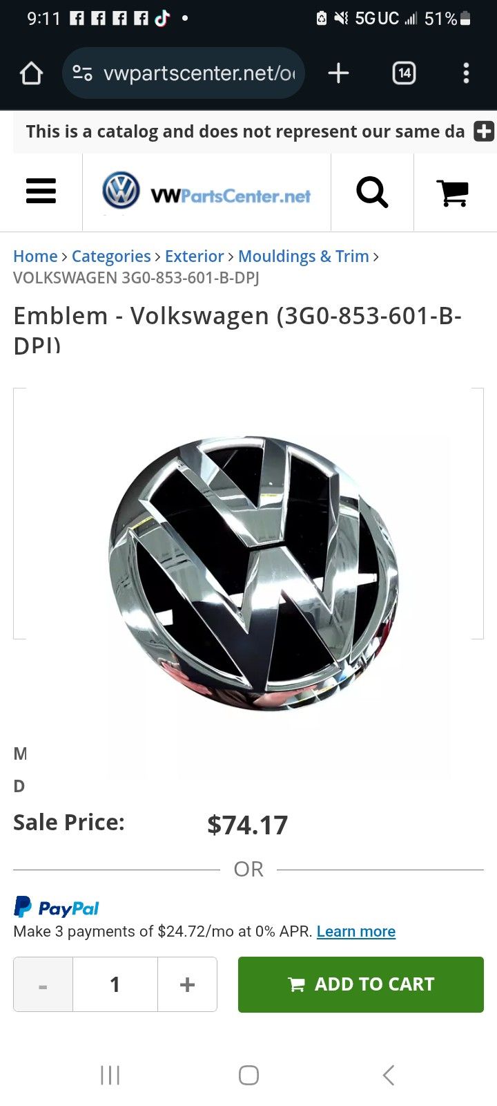 Front Grille Emblem Volkswagen 2016-2017 Passat & 2015-2016 Jetta 3G0853601BDPJ