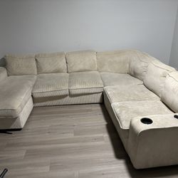 U-Shaped sectional Cream with charging ports and cup holders 