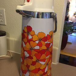 Vintage Retro Mid Century MCM Atomic Kitsch Diamond Airpot Coffee Carafe Thermos with Pump Orange Floral