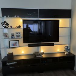 Glass Tv Wall Entertainment Living Room Media Furniture Stand W Shelves andStorage 