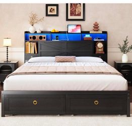 Open box new -King Bed Frame with Storage Headboard, Farmhouse Wood Bed Frame King Size with 4 Drawers, LED Light & Charging Station, Metal Slats Supp