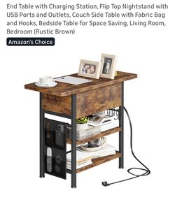 End Table with Charging Station, Flip Top Nightstand with USB Ports and Outlets, Couch Side Table with Fabric Bag and Hooks, Bedside Table for Space 