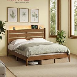 Queen  Bed Frame with Headboard, LED Lights, and Charging Station, Mid-Century Modern Platform Bed, Solid Wood Legs and Slats, No Box Spring Needed