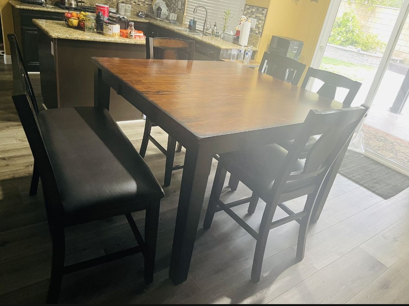 Solid Wood Brown Dining Table 4 Chairs &1 Beanch