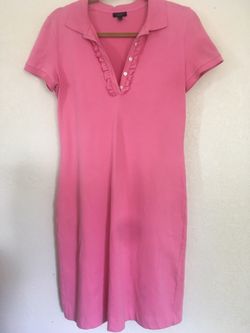TALBOTS 100% Cotton Pink Ruffled V Neck Button Polo Dress Short Sleeve Size S