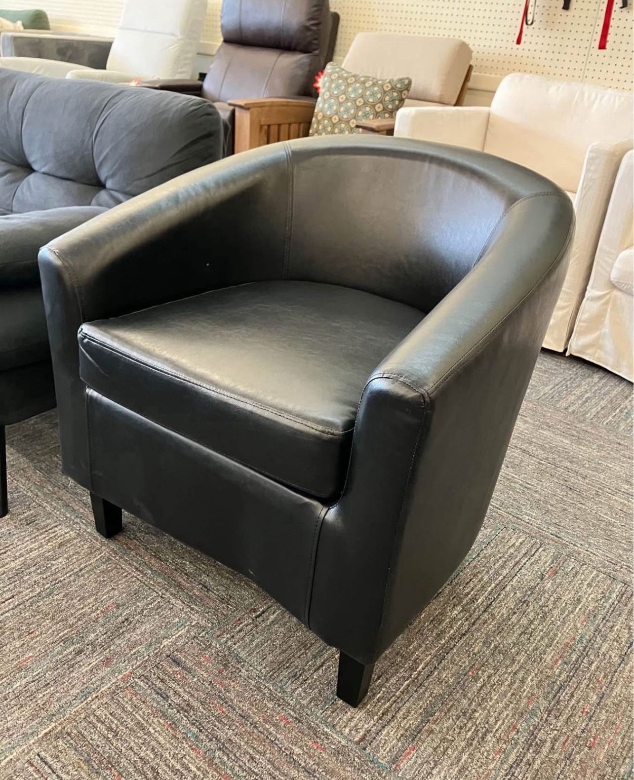 Faux Leather Barrel Chair with Curved Armrest and Removable Seat Cushion, Black, New