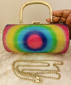 Rhinestone Rainbow Bullseye Roll Bag Clutch With 46 Inch Attachable Gold Chain 