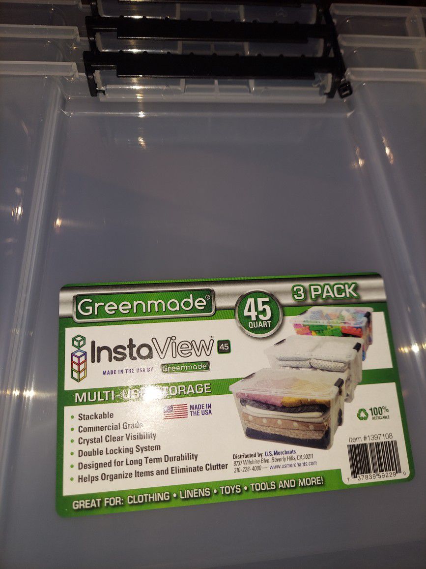 Greenmade InstaView 45 Multi-Use Storage Bin, 45 Quart, Clear, 3 ct