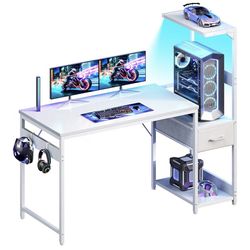 Reversible Gaming Desk with Storage & LED Lights Carbon Fiber White - New