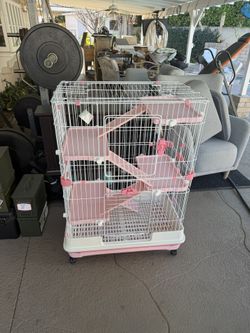 PawHut 32"L 6-Level Small Animal Cage Rabbit Hutch with Universal Lockable Wheels, Slide-out Tray for Bunny, Chinchillas, Ferret, Pink 