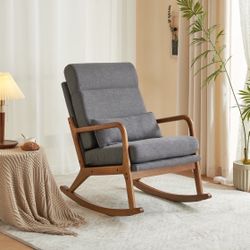 Indoor Rocking Chair Nursery Armchair with Pillow, Tall Back Single Sofa Accent Glider Rocker for Living Room Bedroom, Dark Gray