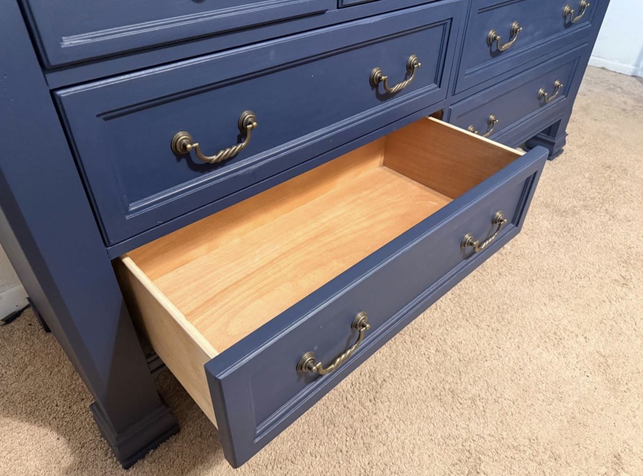 Blue Solid-Wood 9-Drawer Dresser – Brass Handles – Pickup Only (Conroe, TX)
