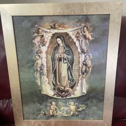 New 23”H Our Lady Guadalupe Picture Gold Frame Mexico Nuestra Señora de Guadalupe con ángeles