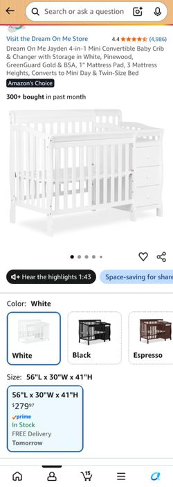 Dream On Me Jayden 4-in-1 Mini Convertible Baby Crib & Changer