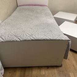 White Bed Frame with 2 Nightstands – Good Condition