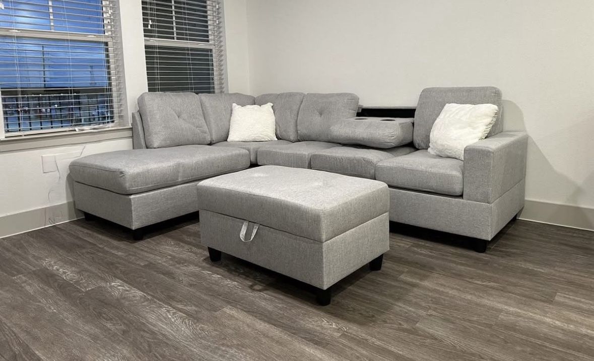 NEW IN BOX Grey Fabric Sectional with Free Storage Ottoman -54 DOWN PMT