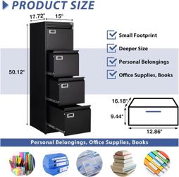 🥨Black 4 Drawer File Cabinet, Filing Cabinets for Home Office, Metal Vertical File Storage Cabinet with Lock, Locking File Cabinet for A4 Legal/Lette