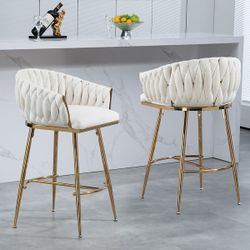 2 Pieces Beige 26'' Counter height bar stools velvet kitchen island counter bar stool with hand- wave back,golden chromed base and footrest [NEW] **As