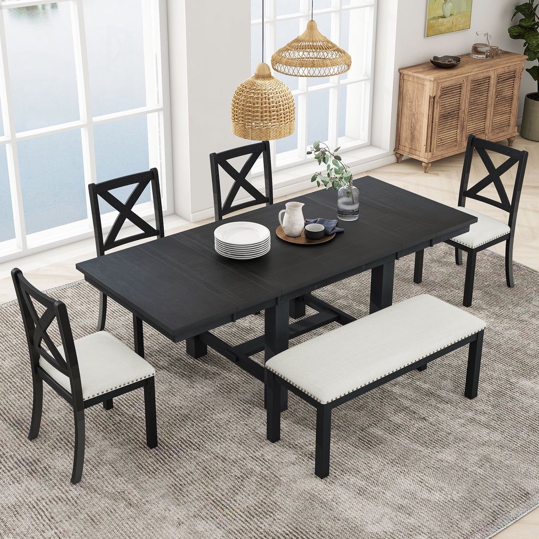6-Pc Extendable (60” - 81”) Dining Table  / 4-Upholstered Dining Chairs / Bench (Two 11"Removable Leaves)  [NEW]  Retails For $1100