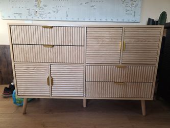 Danpinera Home 47" Fluted Sideboard Buffet Cabinet, Oak Wood with 4 Drawers & Doors