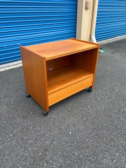 Mid Century Modern Vintage Teak Rolling Media Cart