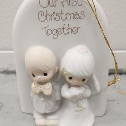 Vintage Precious Moments  Newlywed First Christmas Wedding Bride and Groom ornament - LAST WEEK TO BUY -  LIKE NEW Porcelain Bisque