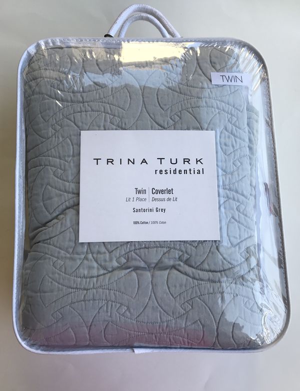Brand New Trina Turk Grey Cotton Quilted Twin Coverlet Bedspread