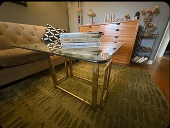 Milo Baughman Style Mid-Century Gold Brass/Metal and Glass Coffee Table