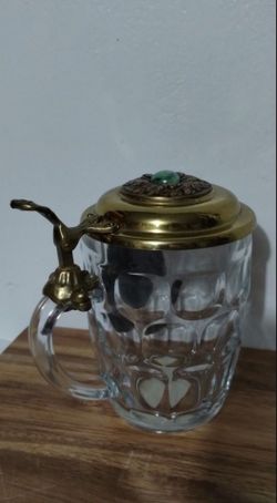 GLASS - BRASS LID BEER JAR STEIN 16 OZ