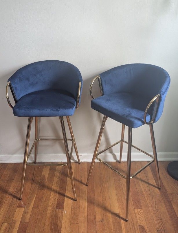 Brand New Pair of Blue Velvet & Gold Metal Counter / Bar Stools
