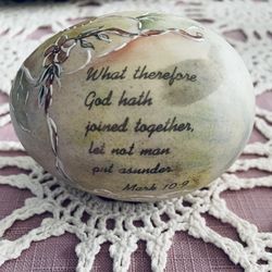 Porcelain Floral Hand Painted Egg with Bible Wedding Verse Mark 10:9 , Like New  Signed Nidna 
