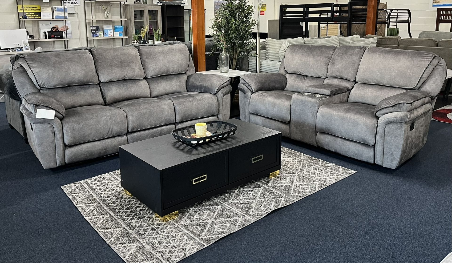 Grey Sofa And Love Seat Manual Recliner Set