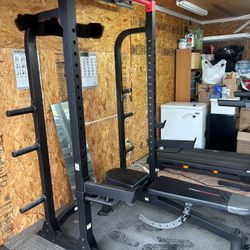 Weider Pro Squat Rack With Pull Up Bar, 6 Peg Storage Pegs, Safety Catchers, Mats Included And J Hooks ADJUSTABLE WEIGHTS BENCH IS INCLUDED 