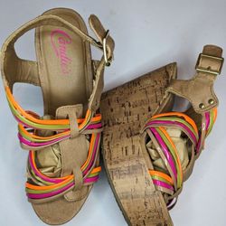 SM New York Woman Sandal Wedge Heel Divine Multi Color Buckle Strap Size 6.5