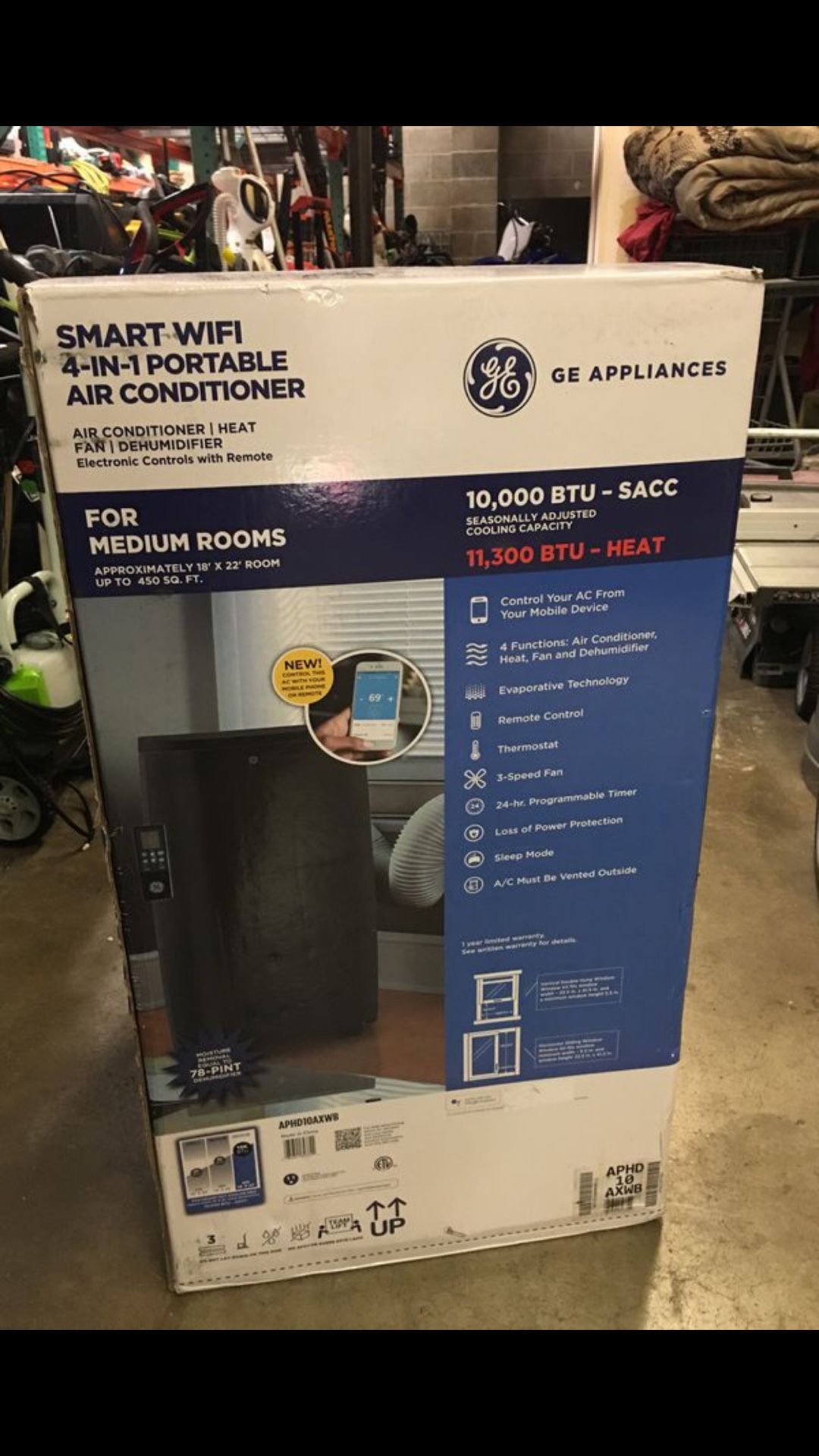 GE Smart WiFi 4-in-1 Portable 10,000 BTU Air Conditioner with 11,300 BTU Heater, Fan, and Dehumidifier. Brand New. Cash only
