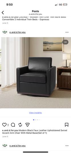 Modern Black Faux Leather Upholstered Swivel Accent Arm Chair With Metal Base(Set of 1)