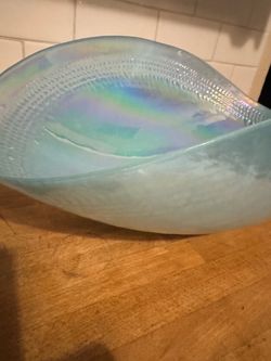 New glass iridescent sky blue oval bowl fruit towels vegetables