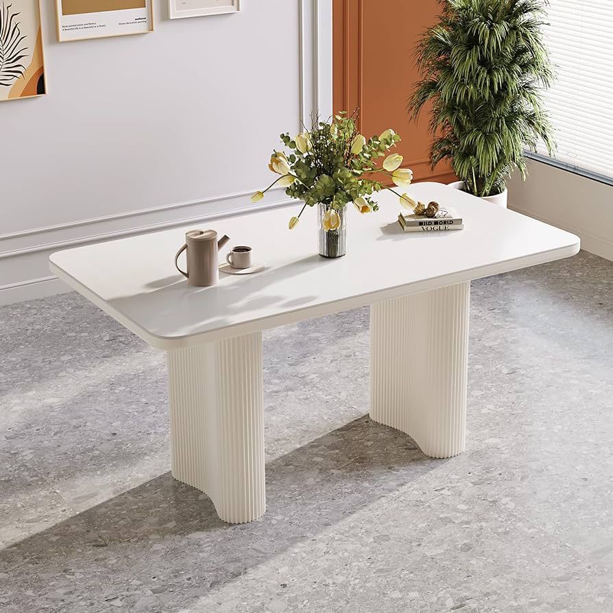 55.27" Dining Table, Rectangle Kitchen Table, Contemporary Marble Kitchen Table for 4-6 People, Unique Wavy Table Legs Nordic Fashion Design, Small Ap