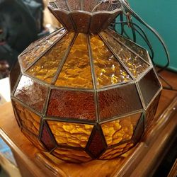 stained glass swag lamp hanging lamp pendant light vintage 70s amber and brown

