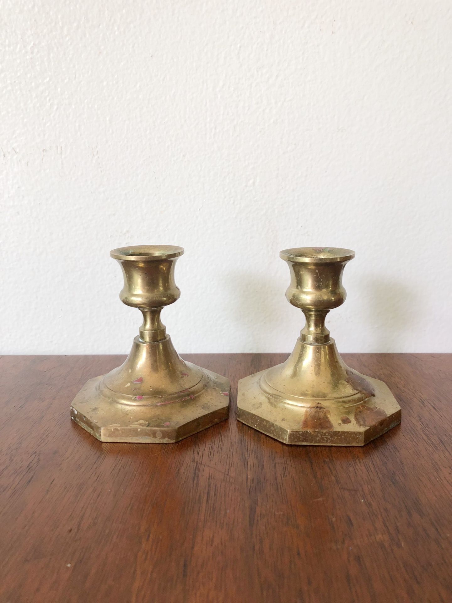 Vintage brass candle holder pair / patina / eclectic boho decor