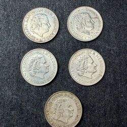 5 Nederland 1 Gulden Silver Coins
