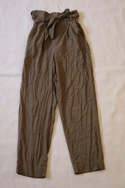 H&M Women’s Size 2 Olive Paperbag Waist Tie Belt High Rise Pants 100% Viscose