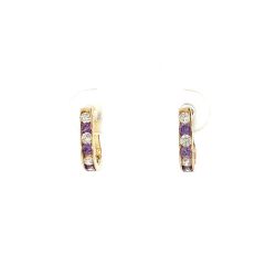 Ladies 14k Yellow Gold Amethyst & CZ Huggie Hoop Earrings 11059389