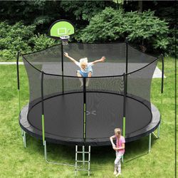 14 Ft Trampoline with Safety Enclosure Net And Basketball Hoop