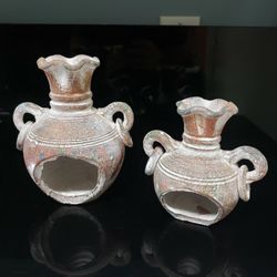 Pair Ceramic Chimney Vases w/ Double Ring Handles