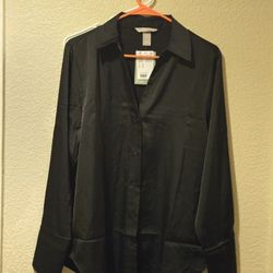 H&M Black Button Down Dress Shirt, Black, Size Medium 