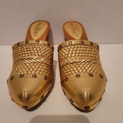 BRIDGET SHUSTER Women's Riveted Mule Clogs Gold Braided Leather Woven Size 7 1/2