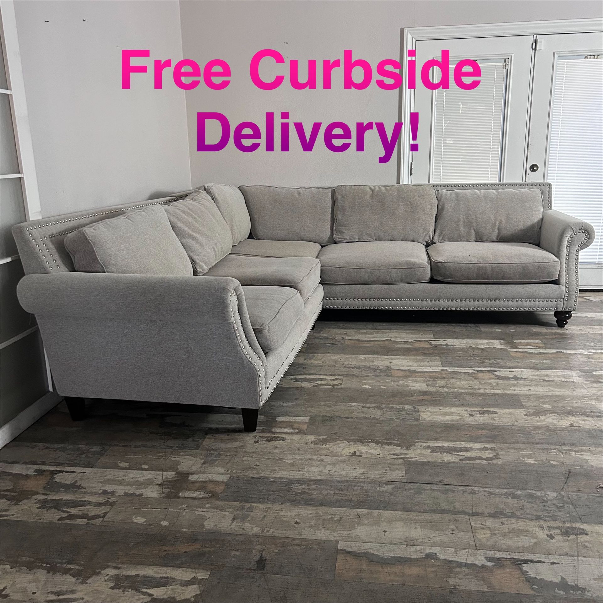 Free Curbside Delivery! Nice Studded Grey Sectional Couch