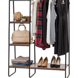 4 Wood Shelves, Freestanding Clothing Rack