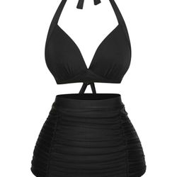 1950s Black Halter Lace-Up Swimsuit / S